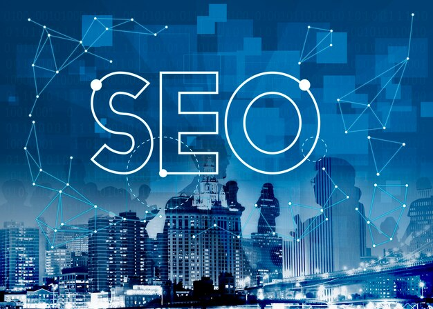 SEO concept with large "SEO" text over a digital cityscape background, connected by abstract network graphics.