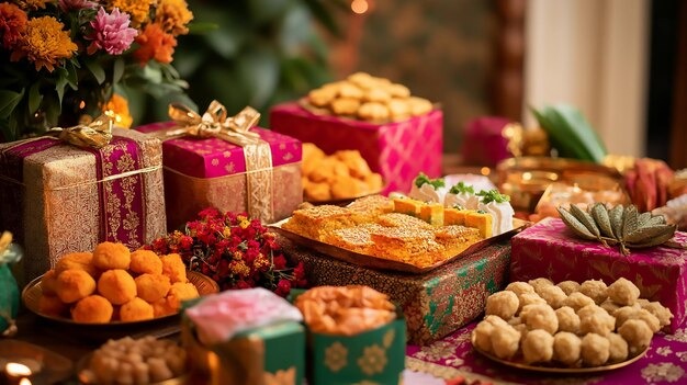 Perfectly Packed Boxes of Happiness for Every Home 3 Colorful Indian sweets and wrapped gifts arranged for a festive celebration.
