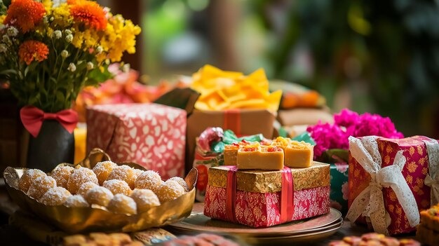 Perfectly Packed Boxes of Happiness for Every Home 2 Festive Indian sweets and gift boxes arranged for a celebration or festival.
