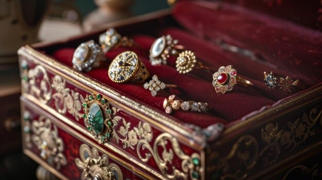 What Makes Antique Jewelry So Valuable Today 3 Vintage rings displayed in a red and gold ornate jewelry box.