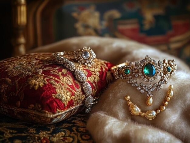 What Makes Antique Jewelry So Valuable Today 2 Antique gold jewelry with emerald and pearls on ornate red cushion.